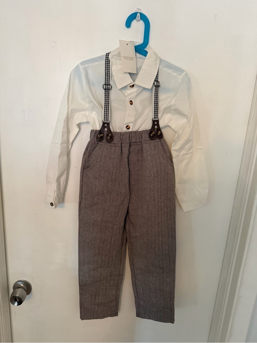 Classic White Shirt & Brown Tweed Pants with Suspenders - Kids